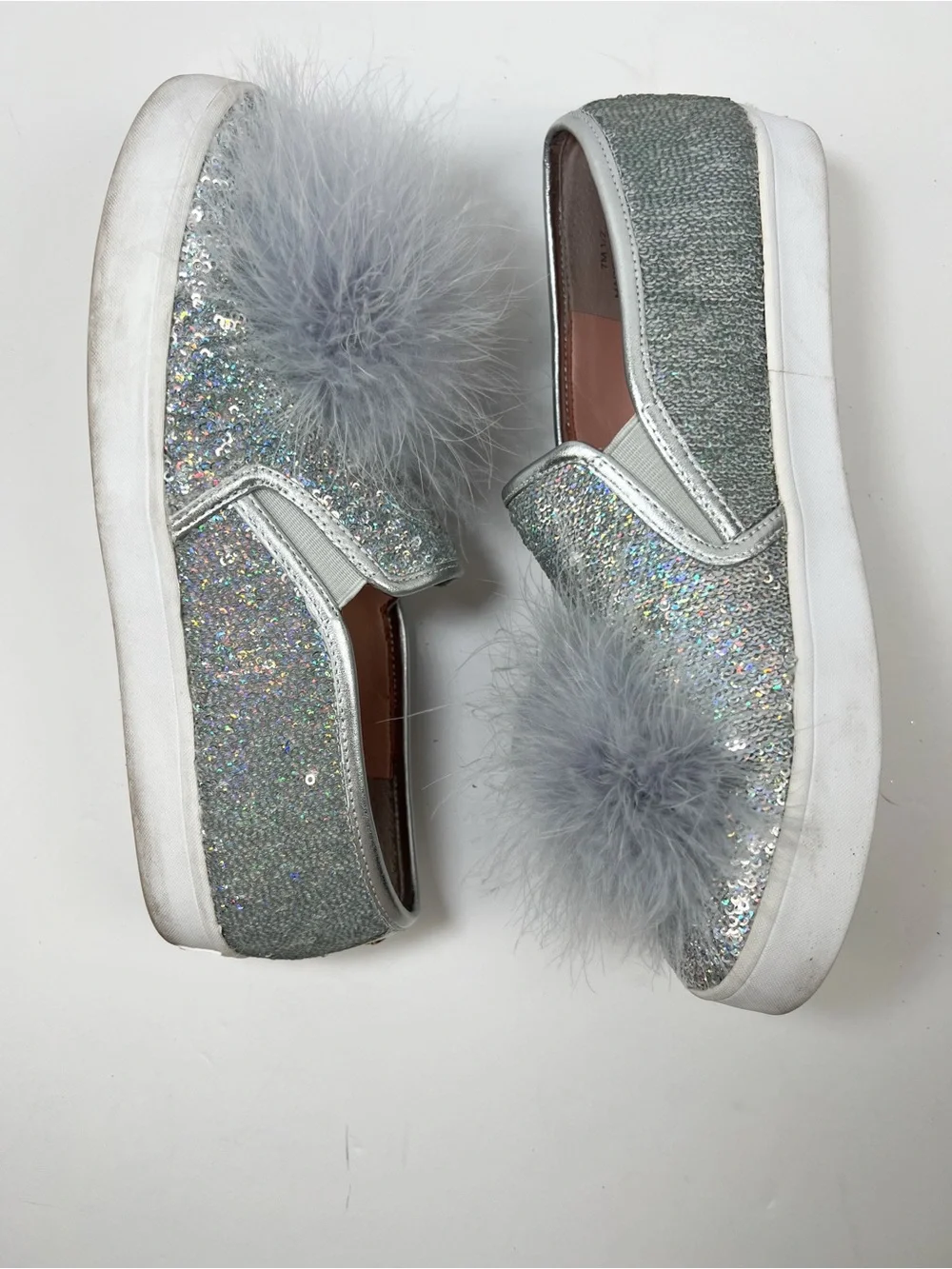 Kate Spade Latisa Silver Sequin Pom Pom Slip On Sneakers size 7.5 Small Flaw